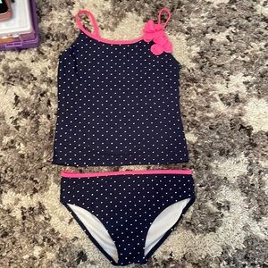 Navy Blue With White polka dots With a Pink Flower size 14